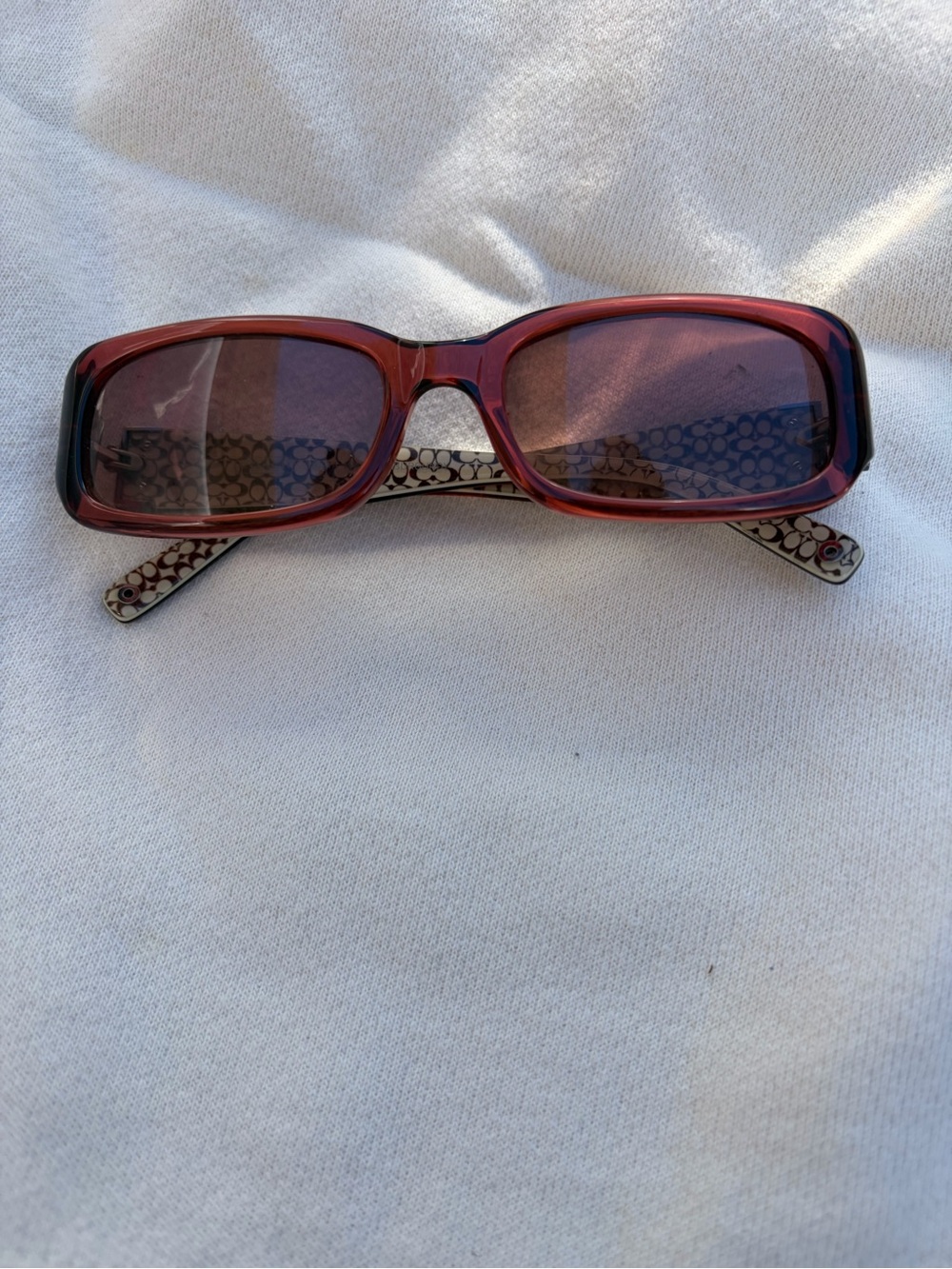 Coach Pink Rectangular Sunglasses with Patterned Temples